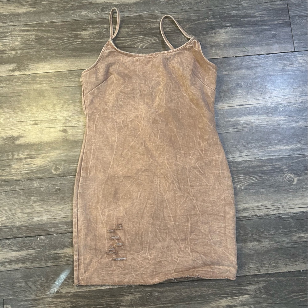 Fashion Nova Women's Tan Distressed Bodycon Dress Size m Casual Trendy